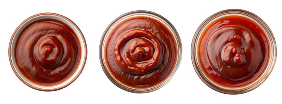 Set of a Top-down view of a rich, smooth barbecue sauce in a glass bowl, showcasing its thick texture and smoky, savory flavor on transparent background