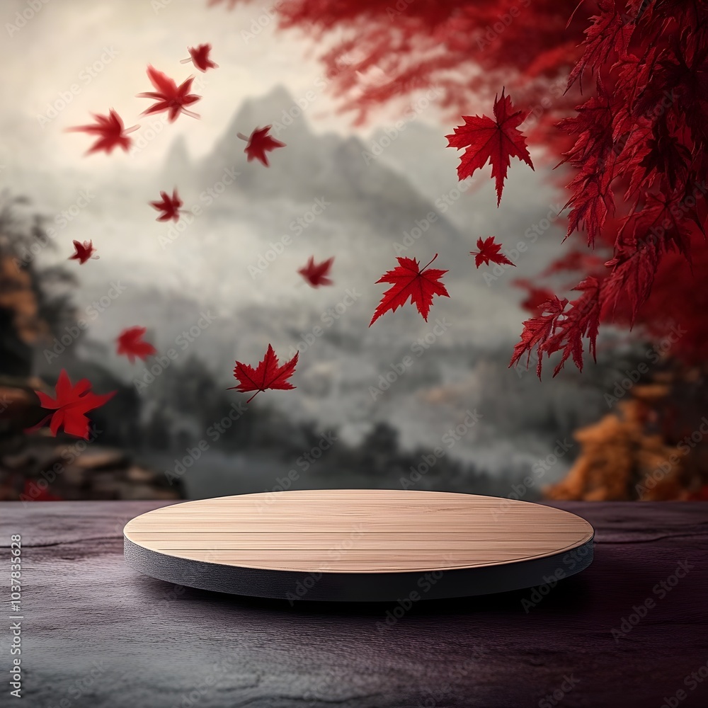 Poster warm hued circular wooden platform with floating red maple leaves on table in sophisticated studio s