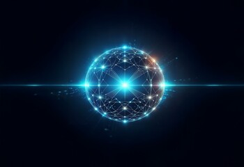Obraz premium A glowing blue orb with a complex web of interconnected lines and dots on a dark blue background.