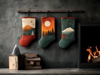 Festive Christmas in classic red and green hanging above a roaring fireplace with flickering flames and an aged brick hearth creating a plush fuzzy and nostalgic winter scene