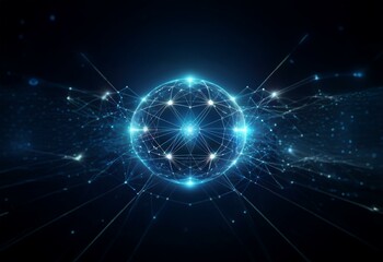 Obraz premium A glowing blue sphere with connected lines and dots on a dark background.