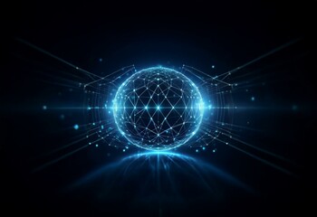 Obraz premium A glowing blue sphere made of connected lines and dots is surrounded by rays of light on a black background.
