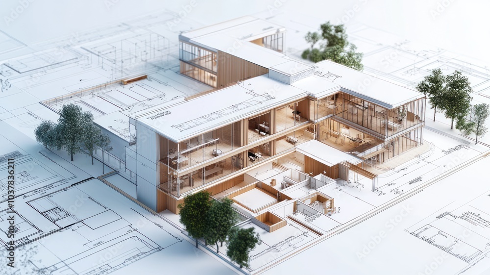 Poster architectural design rendering with plans and greenery.