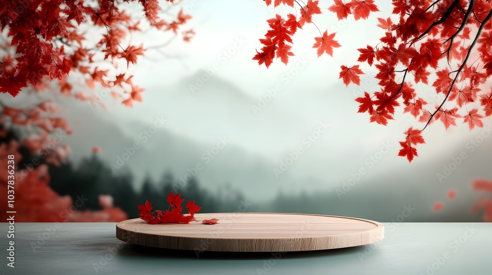 Poster elegant wooden circular platform resting on a tabletop with lush red maple leaves cascading in the m
