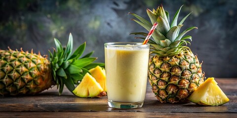 Closeup of a refreshing pineapple milkshake smoothie with fresh pineapples