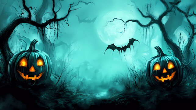 Horror pumpkins with spooky halloween background