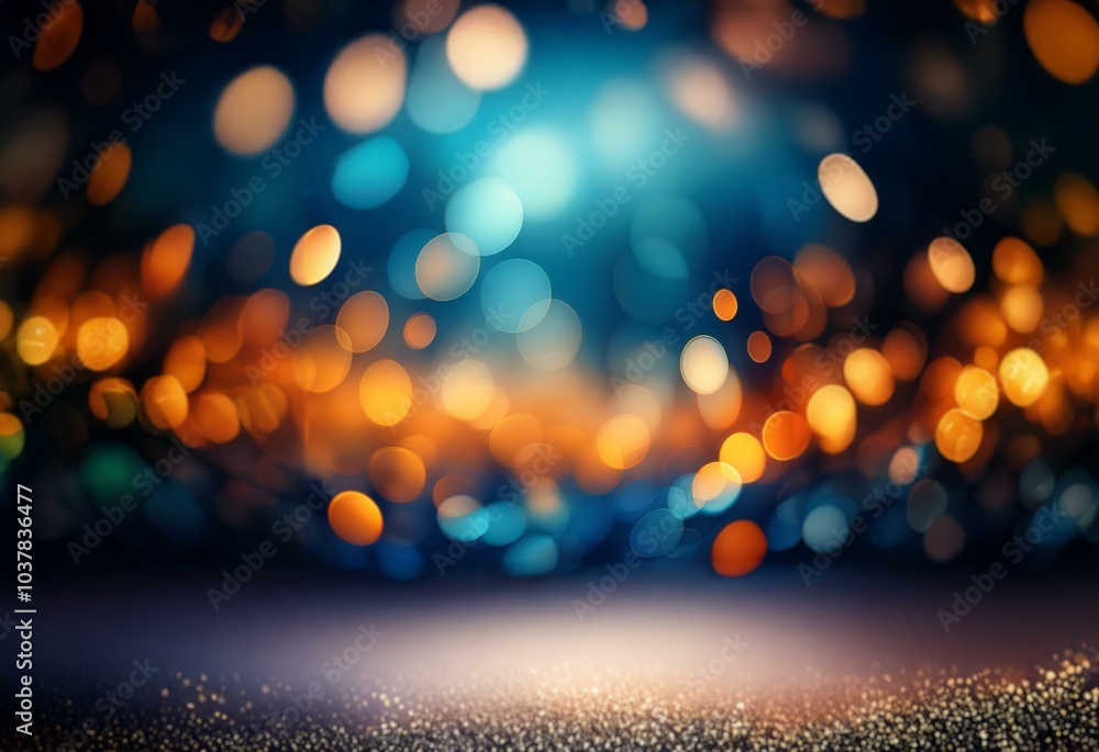 Poster blurred background of orange and blue bokeh lights with a sparkly surface in the foreground.