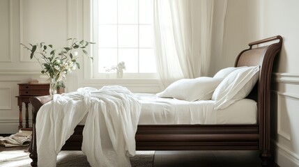 Elegant Bedroom with White Bedding and Wooden Bed Frame