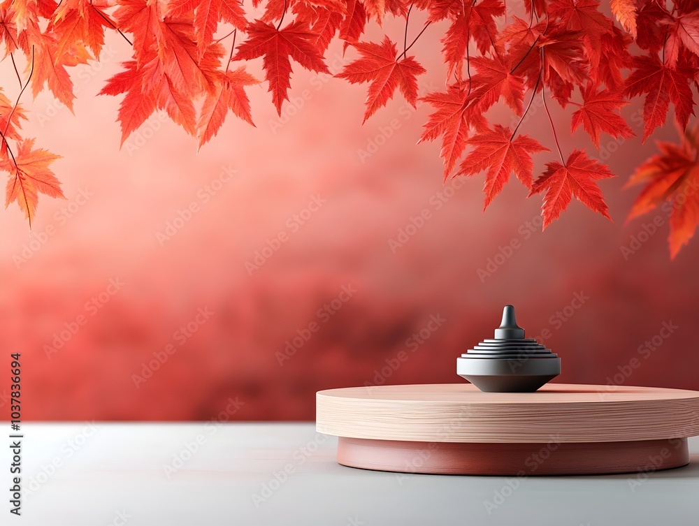 Poster elegant wooden podium displayed on a table with vibrant red and orange maple leaves hanging in the b