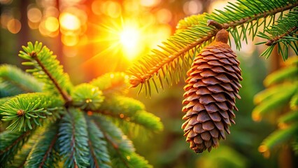 Close-up of a spruce cone on a branch during autumn sunset in forest