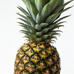 closeup of a green and brown ripe pineapple with white background