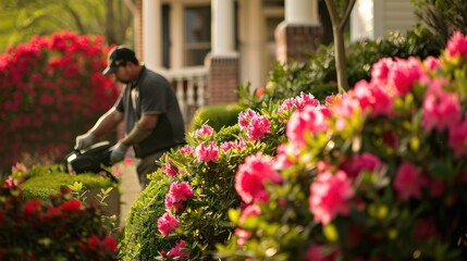 Fototapeta premium Man Gardening with Pink Flowers in Bloom