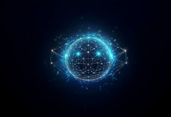 A glowing blue sphere composed of interconnected lines and dots against a dark blue background.