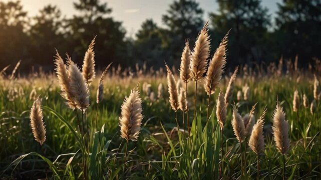 Animation of Spring Breeze Over Reed Grass. Soft light of early spring swaying reed grass. Realistic motion.