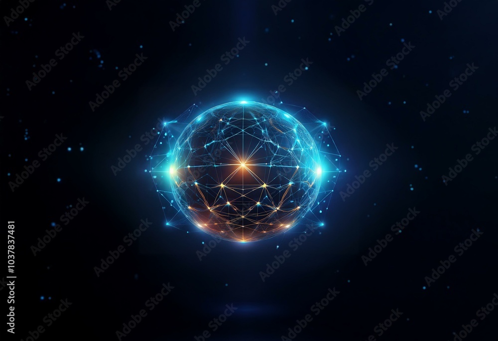 Aufkleber a glowing sphere made of connected lines and points against a dark background.