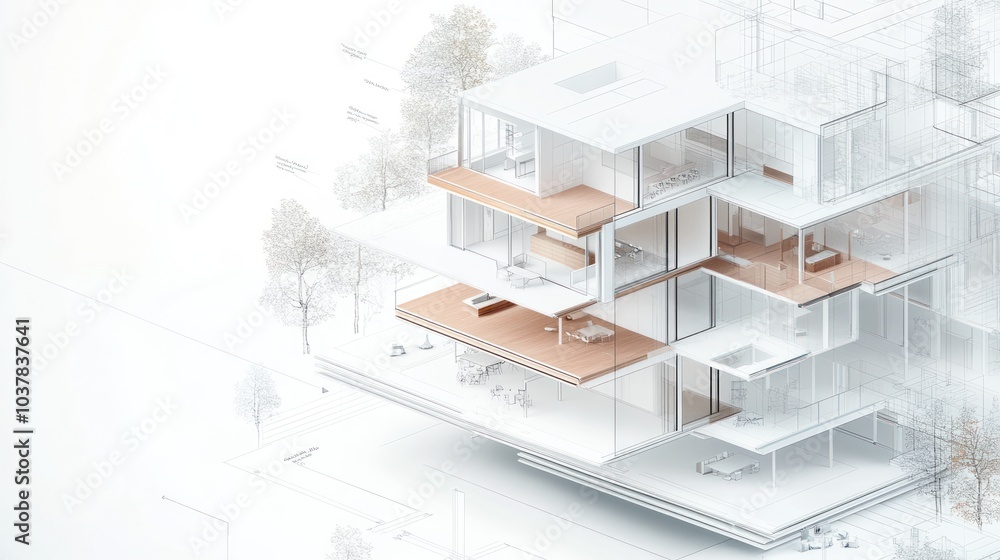Poster modern architectural design featuring layered transparent spaces.