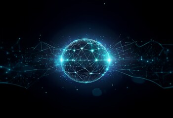 Obraz premium A glowing, blue, spherical network of points connected by lines against a dark background.