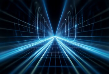 A digital tunnel with glowing blue lines converging towards the vanishing point.