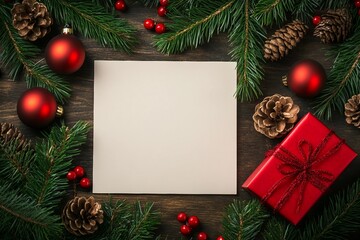 Christmas flat lay background with fir tree branch, present box and red decorations. Free space for design.