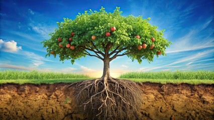 Close-up of an apple tree growing from underground roots