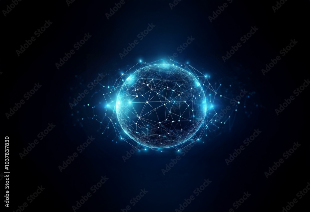 Aufkleber A glowing sphere of connected lines and nodes on a dark blue background.