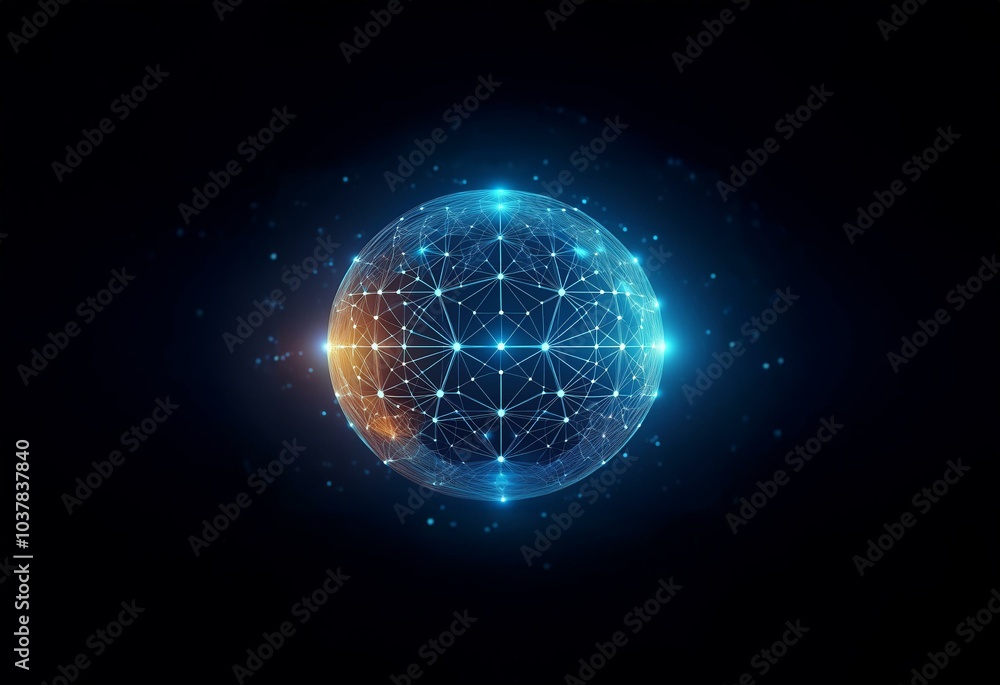 Poster a glowing blue and orange sphere composed of connected lines and nodes against a dark blue backgroun