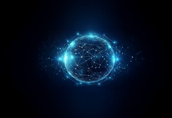 A glowing sphere of connected lines and nodes on a dark blue background.