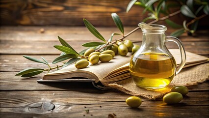 Close-up of anointed pure olive oil in jar with open Bible and olive branch on wooden table