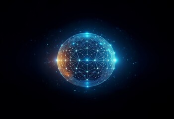 Obraz premium A glowing blue and orange sphere composed of connected lines and nodes against a dark blue background.