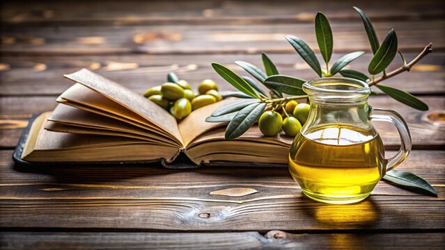 Close-up of anointing pure olive oil in jar with open bible and olive branch on wooden table