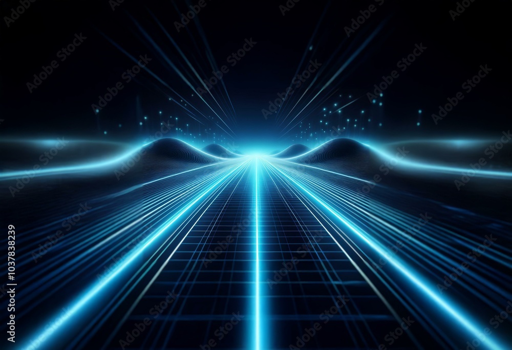 Aufkleber abstract digital landscape with glowing blue lines converging to a point in the distance.