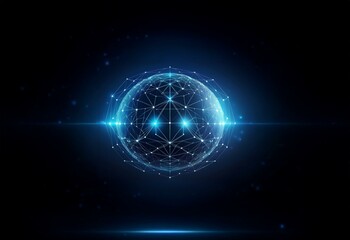 Obraz premium A glowing, blue, geometric sphere with a light trail and a dark blue background.