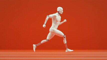 Obraz premium Dynamic Pose of Athletic Robot on Orange Track