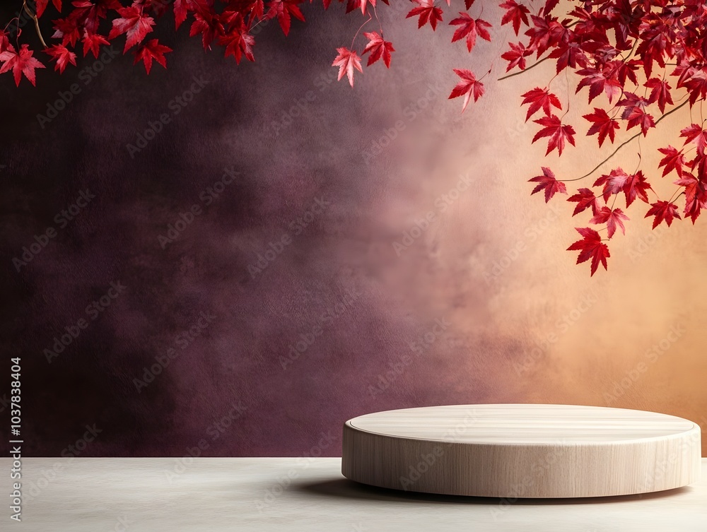 Poster elegant wooden round podium displayed on a table with cascading red maple leaves hanging in the back