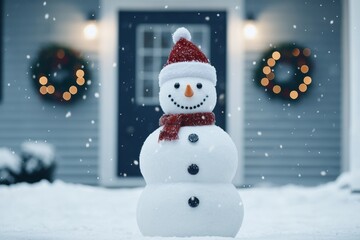 Fototapeta premium Snowman Decorates Winter Scene with Snow and Lights