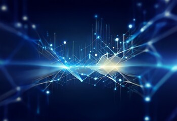 Abstract blue background with glowing lines and dots, creating a geometric network effect.