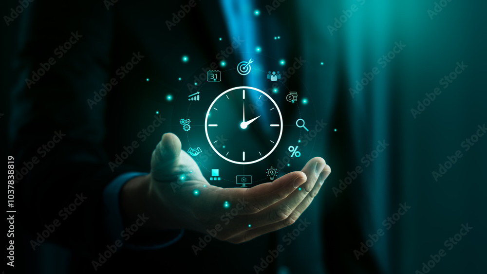 Poster businessman holding digital clock surrounded by time management icons representing efficiency, produ