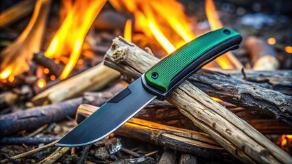 Close-up of black and green bushcrafting pocket knife used for whittling a stick to make a fire