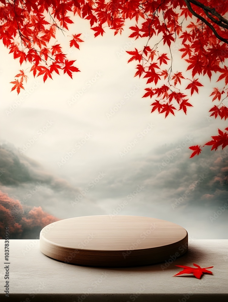 Poster rustic wooden round podium placed on a table with soft red maple leaves hanging in the background ca