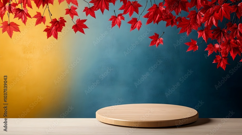 Poster minimalist wooden round podium set on a table with a backdrop of floating red maple leaves against a