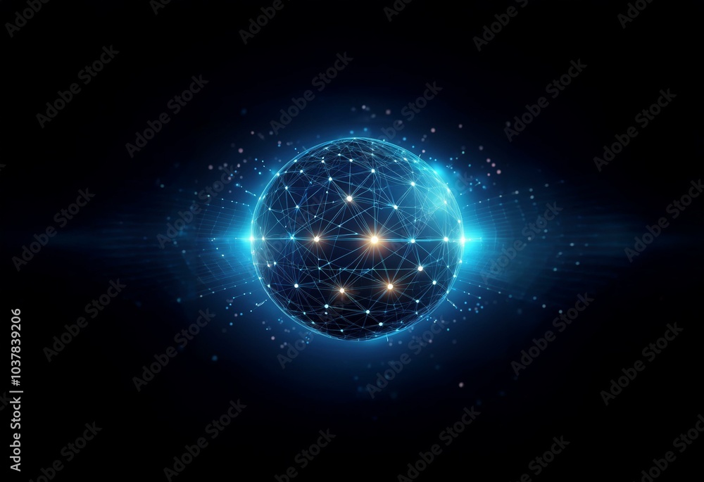 Poster a glowing sphere made of connected lines and dots on a dark blue background.