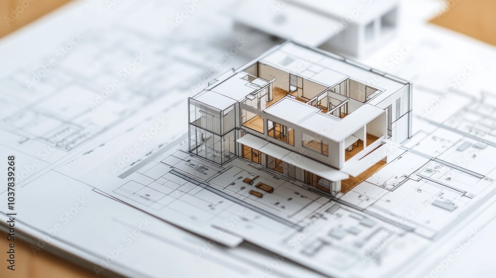 Poster architectural model on blueprints, showcasing design and layout.