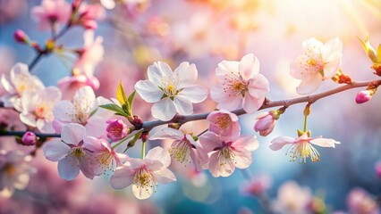 Obraz premium Close-up of blooming pastel spring flower in orchard Macro cherry blossom tree branch silhouette