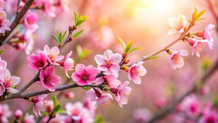 Naklejka premium Close-up of blooming pink peach tree with delicate blossoms in spring season