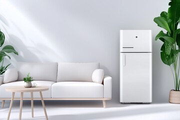 A modern living room featuring a white sofa, a wooden coffee table, and a sleek refrigerator against a light wall with a plant accent.