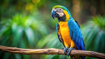 Close-up of blue and yellow macaw parrot perched on branch with colorful feathers