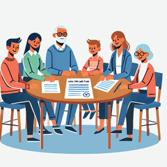 illustration of people sitting around a table with documents