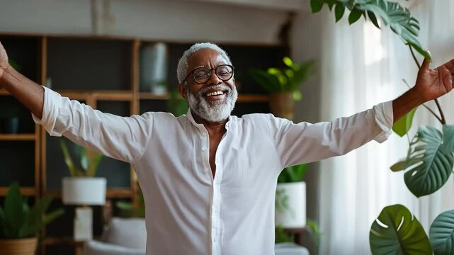 A happy old black man dancing in his home. notions of happiness and well-being.