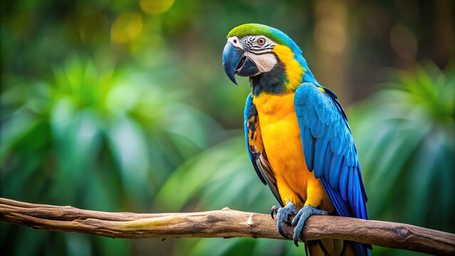 Close-up of blue and yellow macaw parrot perched on branch with colorful feathers