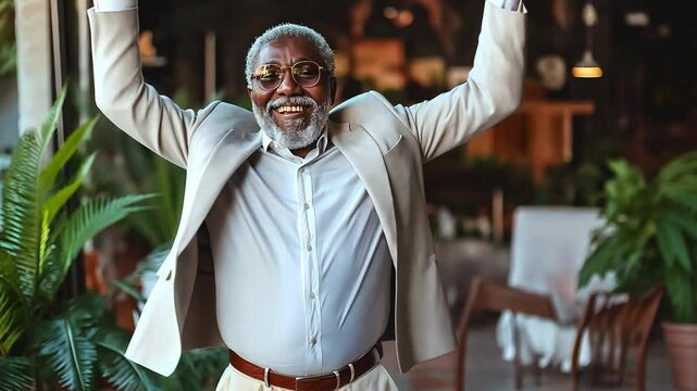 A happy old black man dancing in his home. notions of happiness and well-being.